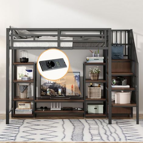 Letto soppalco 90x200 - Nero - Scala sicura - Mobile TV integrato - Presa elettrica