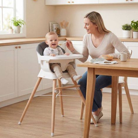 Chaise haute bébé grise en bois massif avec plateau 3 positions, harnais 5 points et coussin PU, pour la maison et la salle à manger (1/5)