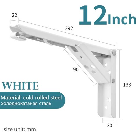 (Blanc 30 cm - Pologne) 2 supports d'étagère triangulaires pliables en acier inoxydable, réglables, à fixer au mur ou sur une table ou un banc. (1/5)