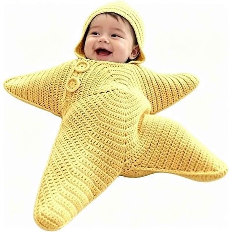 Kit de matériel jauneCouverture bébé étoile au crochet faite main avec capuche, tenue tricotée légère et respirante pour nouveau-né, adorable déguisement pour séance photo en studio (1/5)
