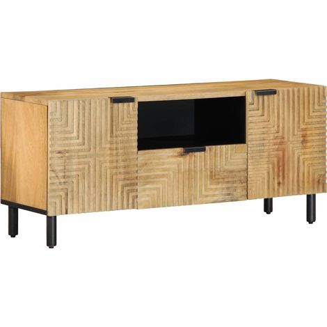Meuble TV design moderne avec grand espace de rangement 105 x 33 x 46 cm en manguier marron (1/5)