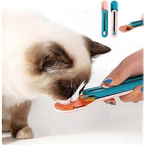 Cuillère à friandises pour chat, distributeur de nourriture pour chat, cuillère à friandises pour chat, presse-frites pour chat, cuillère spéciale pour nourriture pour chat (bleu + rose (2 pièces)) (1/5)