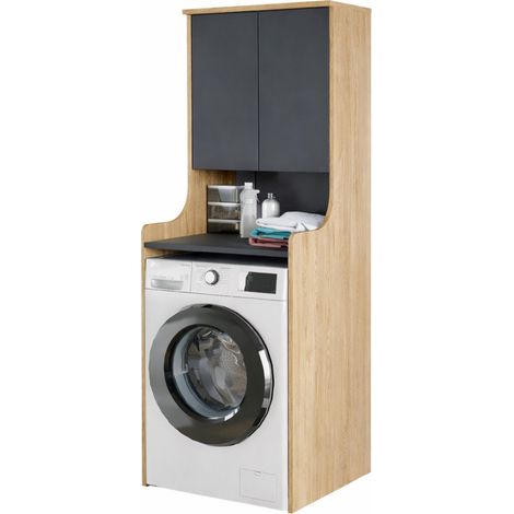 Meuble Lave-Linge 2 Portes 3 Niches Chêne et Gris L 64.8 H 181 P 61.8 cm (1/4)