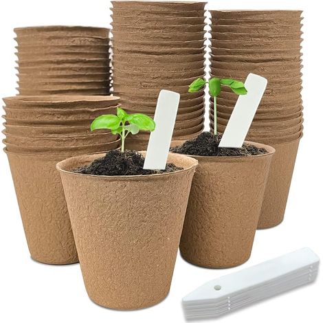 Kit de 20 pots de tourbe biodégradables de 8 cm, pots ronds pour semis avec 20 étiquettes de germination, pour fleurs, légumes, jeunes plants de tomates et herbes, couleur kaki et écologiques (1/5)
