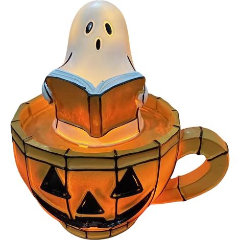 Ghost Reading Book Lamp, Stained Glass Style Halloween Night Light, Resin Spooky Pumpkin Ghost Bedside Lamp, USB Powered Decor Lampes for Bedroom, Living Room, Halloween (1/5)