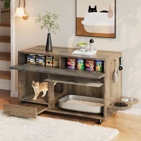 Armoire à litière mobile 100×45,5×67 cm gris-brun bois de chêne. Avec gamelles et panneau perforé,sans bac à litière inclus.