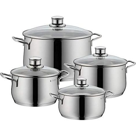 WMF Diadem Plus - Cookware de 4 Pieces, Stainless Steel Induction Cookware, 1 Low Saucepan de 20 cm, 3 High Saucepans de 16 cm, 20 cm and 24 cm, with 4 Covers de Glass (1/5)