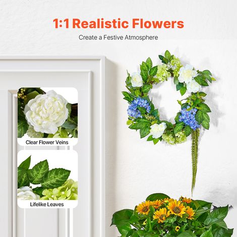 Couronne décorative artificielle, 58,42 cm, couronne de fleurs artificielles, bleu blanc vert, décorée d'hortensias, roses, baies,… (1/5)