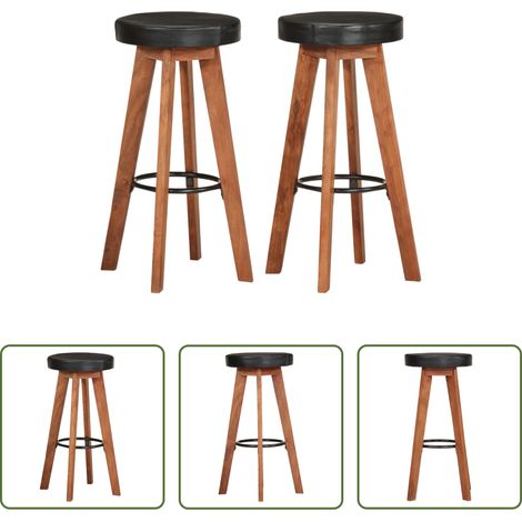 Bois d'acacia -  Tabourets de bar 2 pcs Cuir véritable et bois d'acacia solide (1/5)