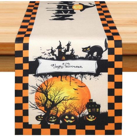1 pièce Chemin de Table Lin, 35 x 180 cm, Orange-Noir Lavable Décoration Table Automne Halloween (1/5)