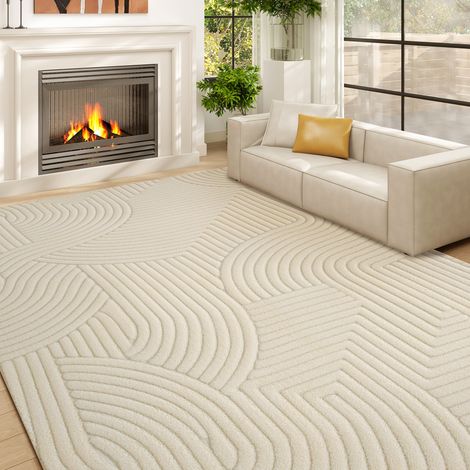 Tapis de salon 160x120 cm crème de base tissée à la machine à poils courts moderne antidérapant