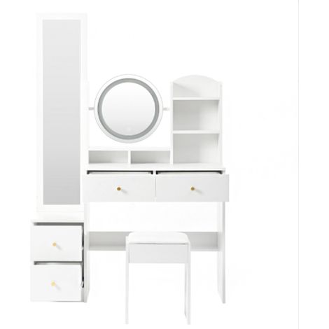 Coiffeuse/table de maquillage 4 en 1 avec miroir pleine longueur et miroir pivotant, tabouret de coiffeuse, éclairage LED 3 couleurs, poignée en métal, blanc, dimensions : H 164 cm × L 109 cm × P 36 c