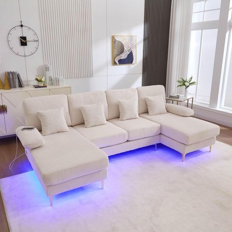 Canapé Multifonctionnel en Forme de U avec éclairage LED, Ports USB et Type-C,canapé avec Coussins et Pieds dorés,canapé 4 Places pour Salon,Chambre à Coucher et Bureau (Beige) (1/5)