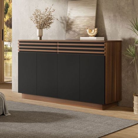 Buffet 150 x 40 x 85 cm aspect bois brun portes noires 2 tiroirs 4 portes grand rangement design élégant (1/5)