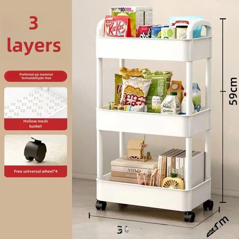 Estantería móvil con ruedas para cocina, dormitorio, suelo, multinivel, móvil para aperitivos de bebé, baño, aseo (blanca, 3 niveles)