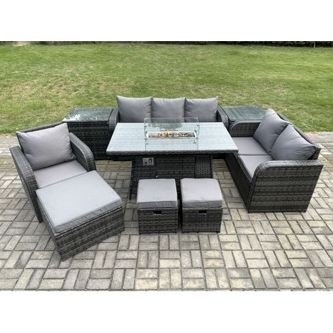 Fimous Polyrattan Gartenmöbel Set Garten Sofa im Freien Gasfeuerstelle Esstisch und Sofa Sessel set mit 2 Beistelltischen 3 Hockern (1/5)