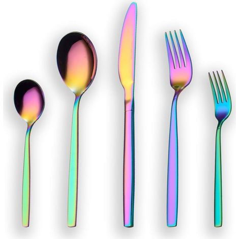 Couverts Inox - 30 Pièces - Placage Titane Arc-En-Ciel - 6 Personnes - Résistant Lave-Vaisselle (1/5)