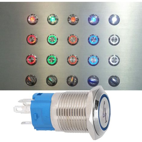 2 boutons-poussoirs métalliques à 5 broches, tête plate de 16 mm, à réarmement automatique, avec voyant lumineux, 424 V CC, bleus (1/5)