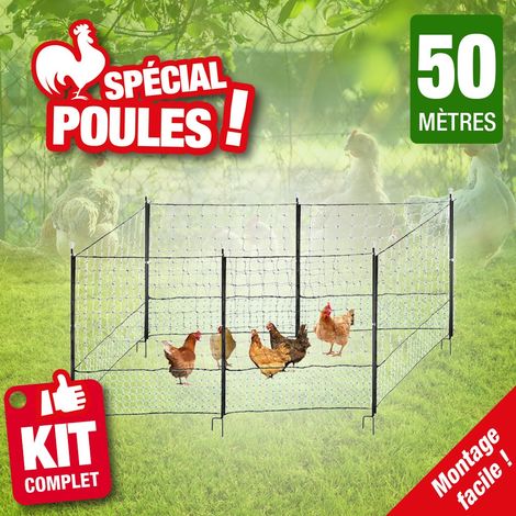Filet pour poules 50m – Hauteur 1,15m – Maille 4,5 et 10 cm – Résistant aux prédateurs – Installation facile avec piquets en fibre de verre – Outiror (1/5)