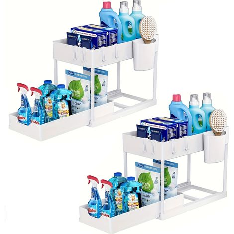 Juego de 2 organizadores de plástico de 2 niveles para debajo del fregadero, para baño y lavadero, color blanco. (1/5)