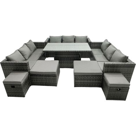 Fimous Rattan Dining Table Sofa Set with 4 Stools Outdoor 13 Seat Garden Furniture Set Dark Grey Mixed (1/5)