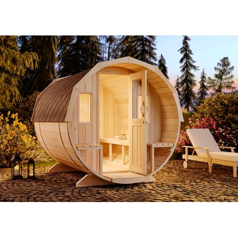 FinnTherm Fass-Sauna Sam Fasssauna 2 Sitzbänke aus Holz, Sauna mit 42 mm Wandstärke, Außensauna mit Montagematerial (1/5)