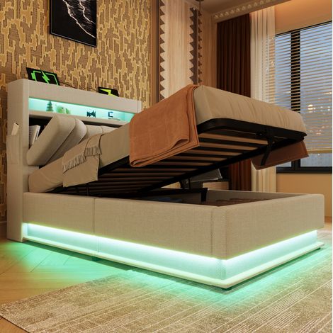 MEUBLIV Cama 90x200 cm beige – cabecero con USB, LED y almacenaje, sin colchón (1/5)