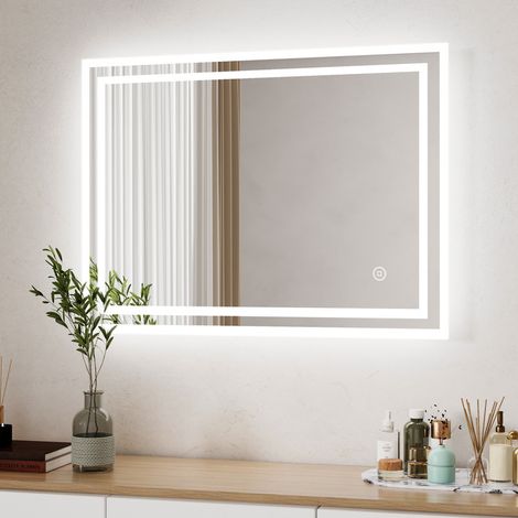 Badspiegel mit Beleuchtung 80x60cm Badezimmerspiegel 3 Lichtfarbe Dimmbar 3000-6500K kaltweiß Neutral Warmweiß Wandspiegel Lichtspiegel LED Spiegel mit Touch Schalter (1/5)
