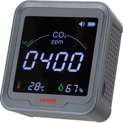 Détecteur CO2 400-5000 ppm Moniteur Dioxyde de Carbone Qualité de l'Air avec Affichage Température Humidité, Câble de Capteur NDIR 4,5 m, Léger Portable, pour Chambre, Maison, Bureau, Voiture (1/5)