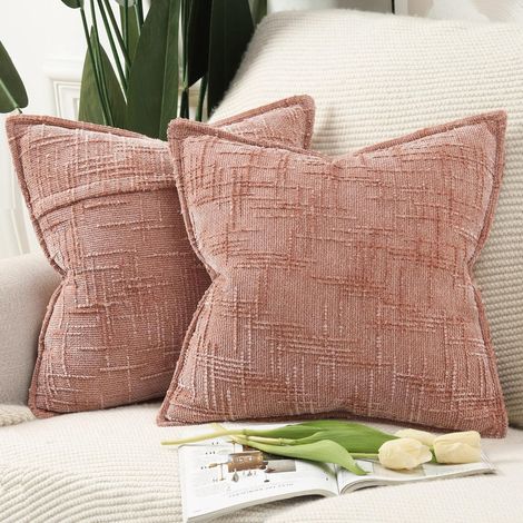 Juego de 2 fundas de cojín decorativas de chenilla, 45 x 45 cm, para sofá, sillón, estilo bohemio, cojín decorativo para cama, rosa. (1/5)
