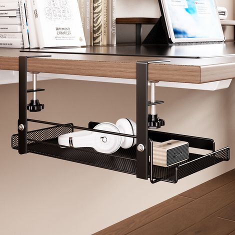 Sous-Étagère de Bureau sans Perçage, Organisateur de Rangement sous Bureau en Métal, Support pour Câbles, Routeur, Casque, Espace de Bureau Gain de Place