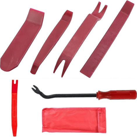 Kit de 6 outils pour le démontage des garnitures de portières et de panneaux de porte de voiture, comprenant : levier, grattoir, pince à clips et outils de démontage.