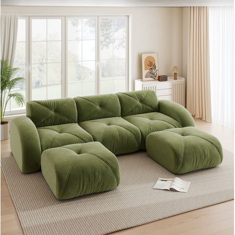 Canapé modular 3 plazas chenilla verde en U con 2 pufs, sin montaje (1/5)