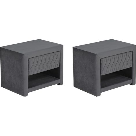 Lot de 2 tables de chevet - 1 tiroir et 1 niche - Tissu velours - Gris - DANIELE