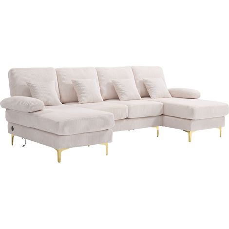 Beiges U-Sofa aus Samt mit LED, USB-C, Holzgestell MODENUIT (1/5)