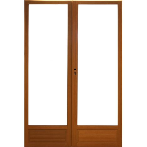 Gd Menuiseries – Porte-fenêtre en meranti 2 vantaux H215 x L140 cm – Vitrage isolant 4/16/4 – Soubassement massif 30 cm – Fermeture 5 points (1/5)