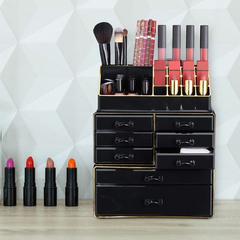 Relaxdays Make Up Organizer mit Schubladen, stapelbarer Schmuckkasten Make Up, Acryl Schminkaufbewahrung, schwarz-gold