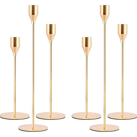 6-teiliges Retro-Kerzenständer-Set aus goldfarbenem Metall, hohe, konische Kerzenhalter, dekorative Kerzenständer, Hochzeitskerzenständer, 33/28/22 cm, Kandelaber für Esszimmer, Wohnzimmer, Geburtstag
