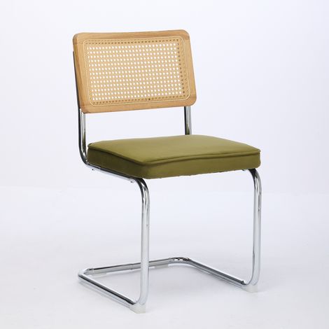 Lot de 2 chaises de salle à manger vintage style scandinave, fauteuils en velours vert olive, dossier cannage naturel, piètement acier chromé, design Breuer, chaises d'appoint rembourrées pour cuisine (1/5)
