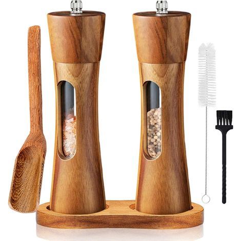 Set of 2 wooden salt and pepper mills with adjustable grinding mechanism, for spices, pepper and salt – 18.8 cm (1/5)
