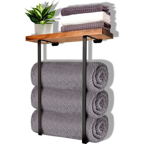 Porte-serviettes mural pour salle de bain Support en métal + barre transversale en bois massif Étagère de rangement noire simple