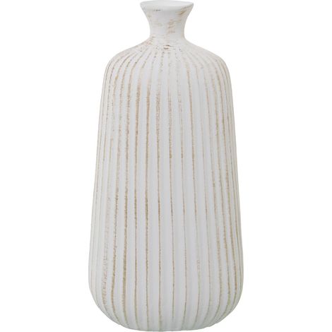 Vase Bouteille avec rainures en céramique Blanc Mat et doré 12x17x37 cm