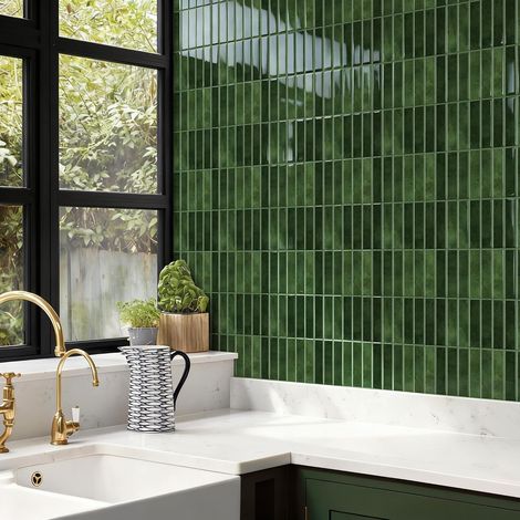 Lot de 10 carreaux de protection anti-éclaboussures en vinyle 3D - 23 x 29 cm - Vert rétro - Autocollants pour carrelage mural de cuisine et de salle de bain (1/5)