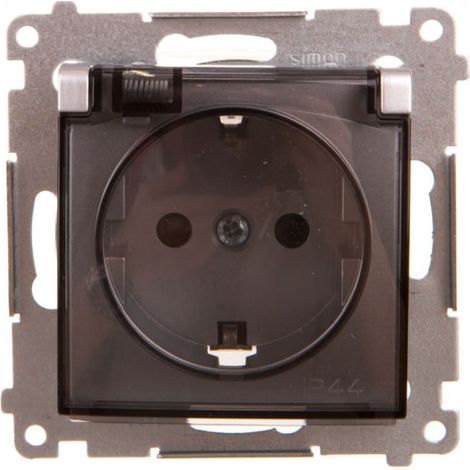 Simon 54 Enchufe 煤nico Schuko 16A 250V IP44 con obturadores y tapa, color plata mate DGSZ1BZ.01/43A