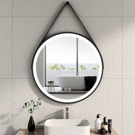 EMKE Espejo de Baño Redondo LED Marco Negro con Correa Ajustable Interruptor Táctil - Diámetro 80 cm  Luz blanca fría/cálida/neutra