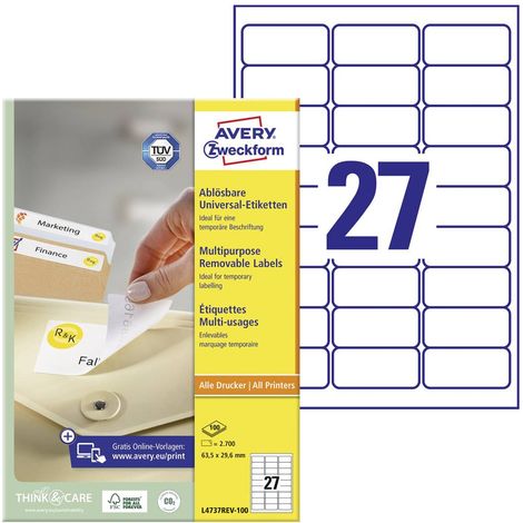 Etiquette universelles Avery-Zweckform L4737REV-100 63.5 x 29.6 mm papier blanc 2700 pc(s) décollable (1/4)