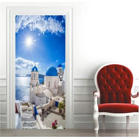 Aufkleber Tür Poster Trompe-l'œil - Santorin-Landschaft 77 x 200 cm - Selbstklebende Wanddekoration für Küche, Wohnzimmer, Schlafzim (1/4)