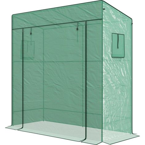 Serra da giardino, serra a parete addossata con 1 porta avvolgibile, copertura in PE rinforzato, 2 finestre, dimensioni 196L x 77W x 197/178H cm -Crezuo