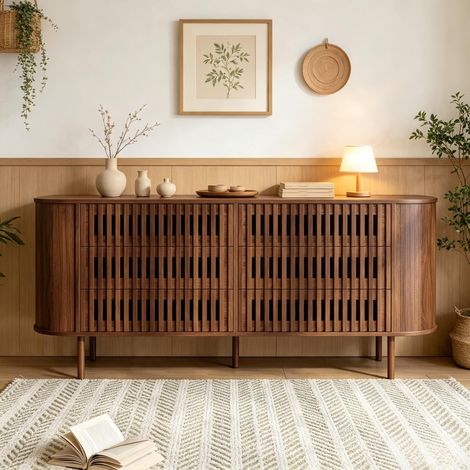 Commode 6 tiroirs, 160 cm, design tasseaux ajourés meuble de rangement style scandinave japandi pieds métal pour salon entrée, couleur noyer (1/5)