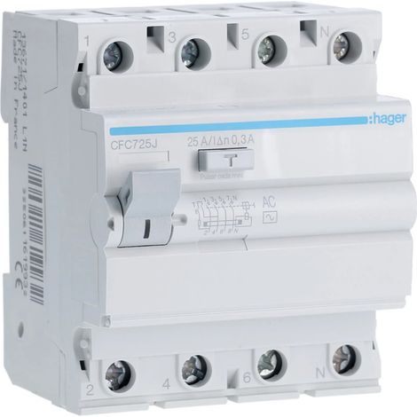 Interrupteur différentiel 4 modules (25A 300mA 230/400V) adapté pour rail DIN IP20 8,3x7x7cm